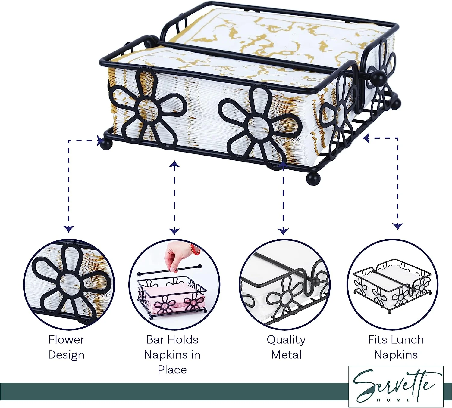 Black Metal Wire Napkin Holder with Flower Design - Image 4