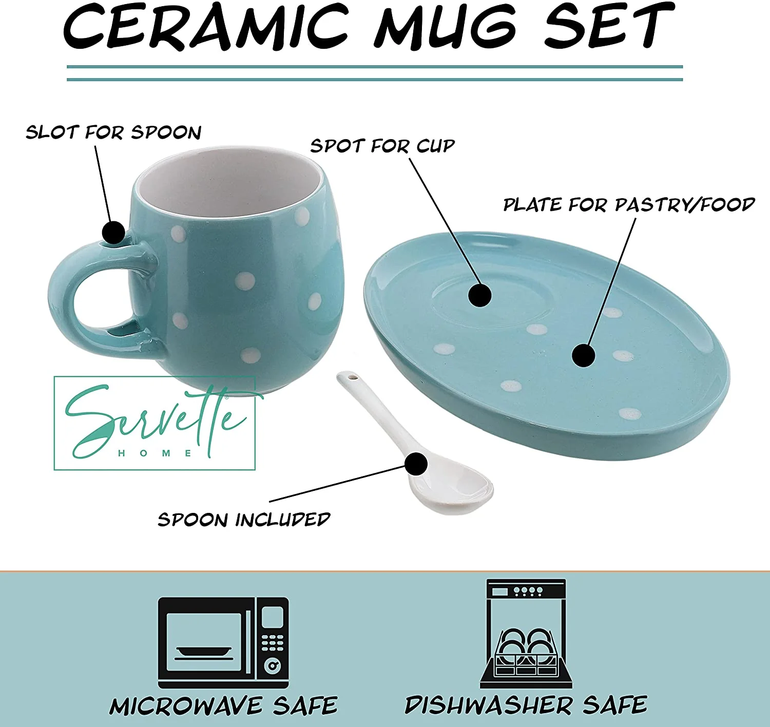 Blue Polka Dot Cup and Saucer Set with Spoon - Image 3