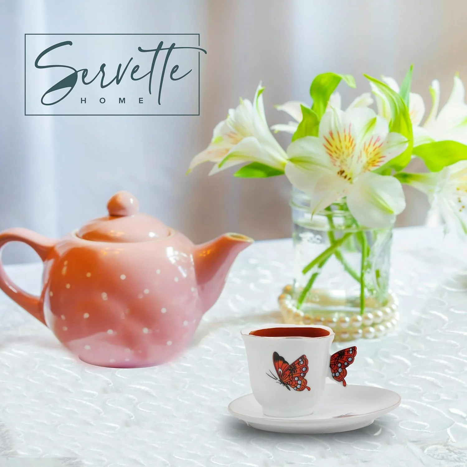 Cup and Saucer Set - Mini Coffee Mug with Plate Tea Set - Ceramic Butterfly Design - Image 3