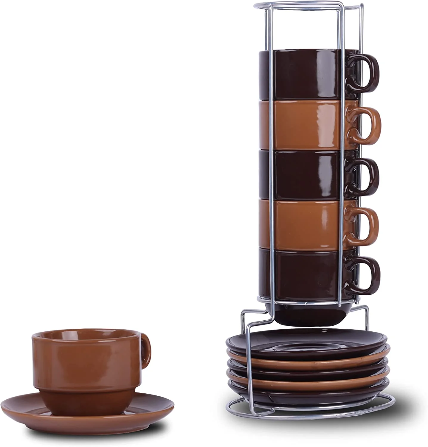 Set of 6 Mugs with Saucers and Stand - Brown Tan