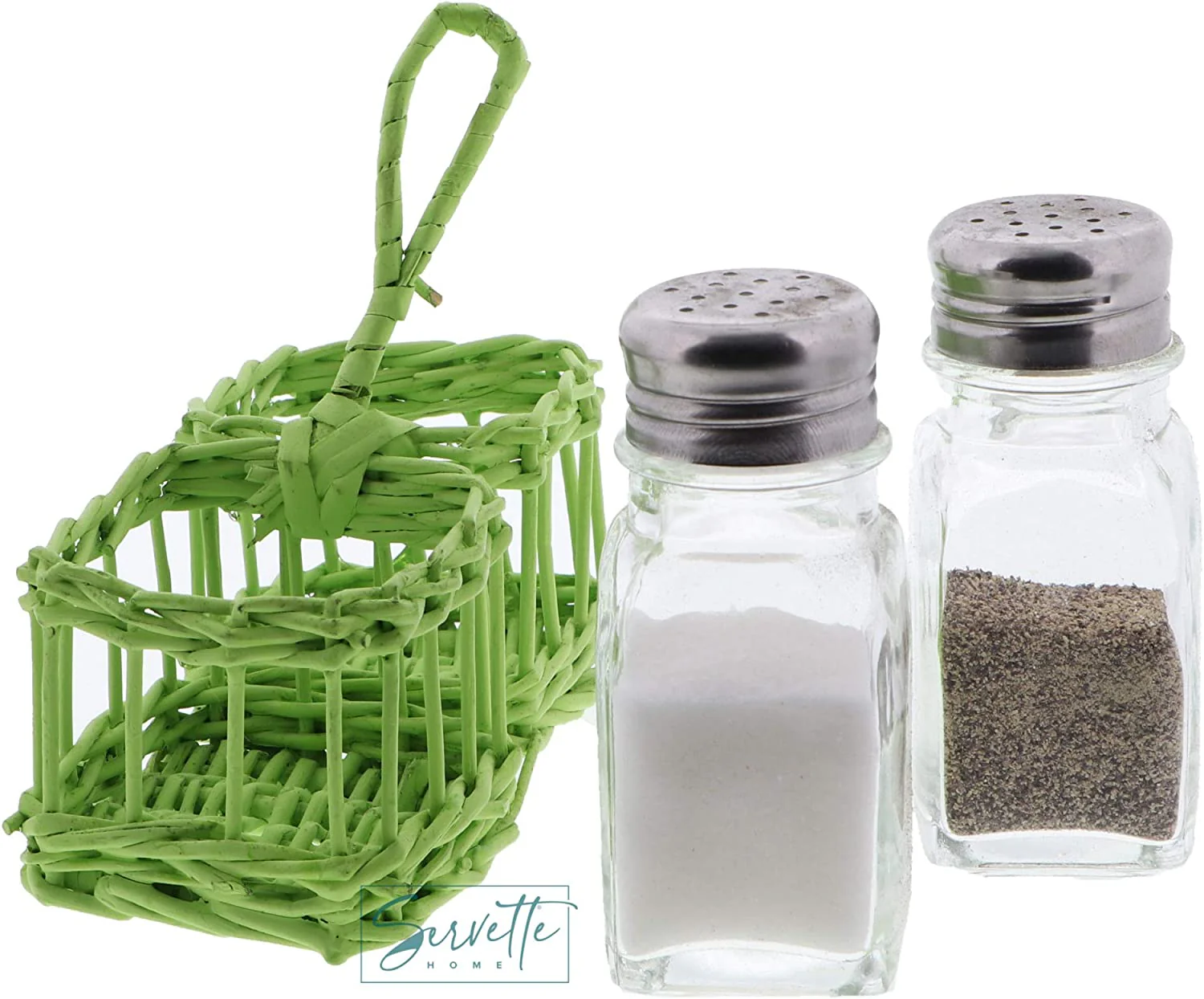 Glass Salt & Pepper Shakers In Green Double Wicker Basket - Image 4