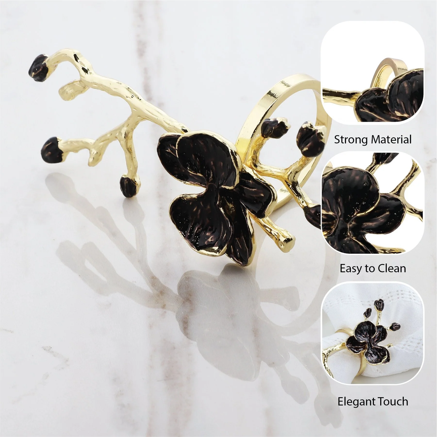 Black Orchid Flower Napkin Rings with Gold Accents - Set of 2 - Image 3