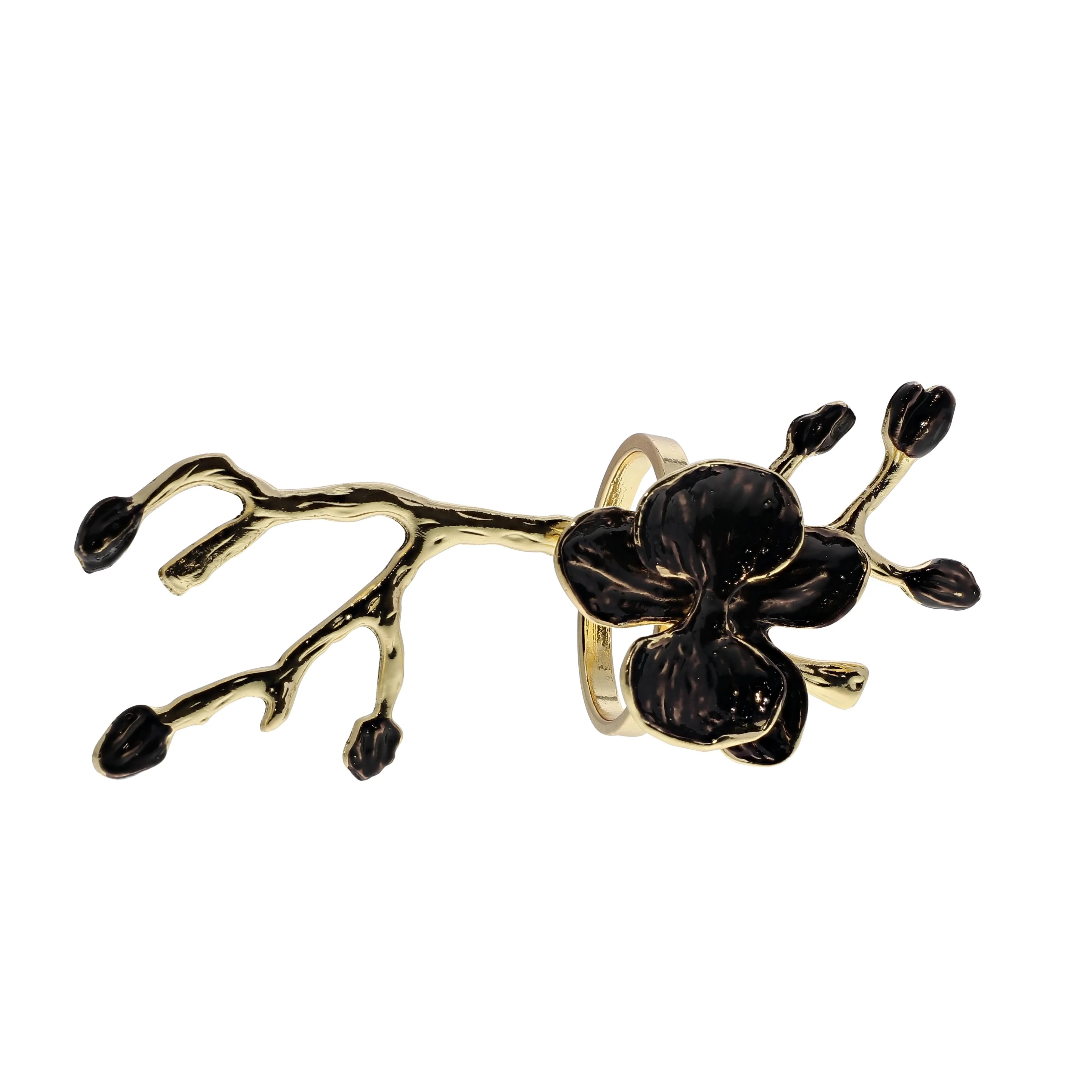 Black Orchid Flower Napkin Rings with Gold Accents - Set of 2 - Image 6