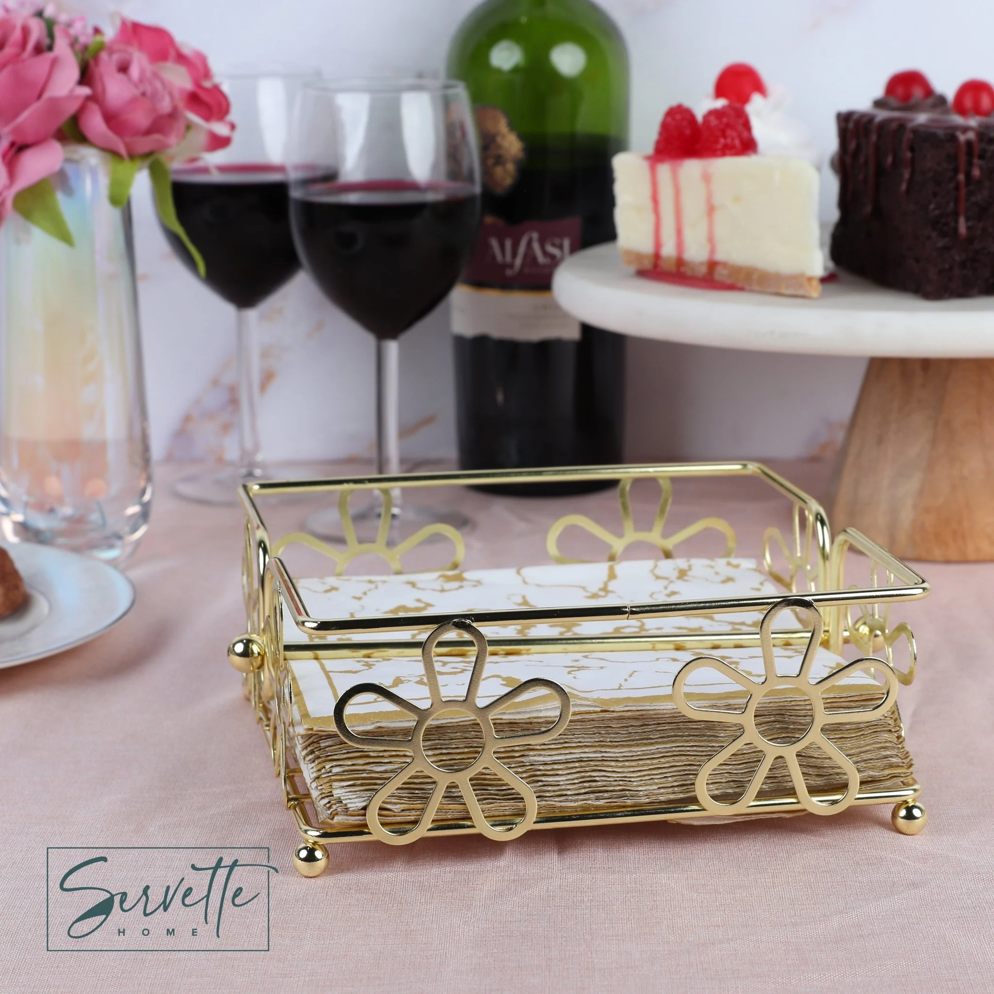 Gold Metal Wire Napkin Holder with Flower Design - Image 3