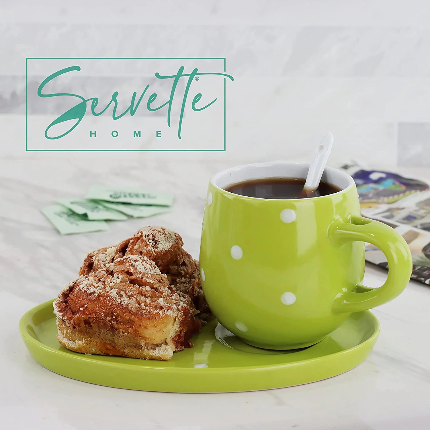 Green Polka Dot Cup and Saucer Set with Spoon - Image 4