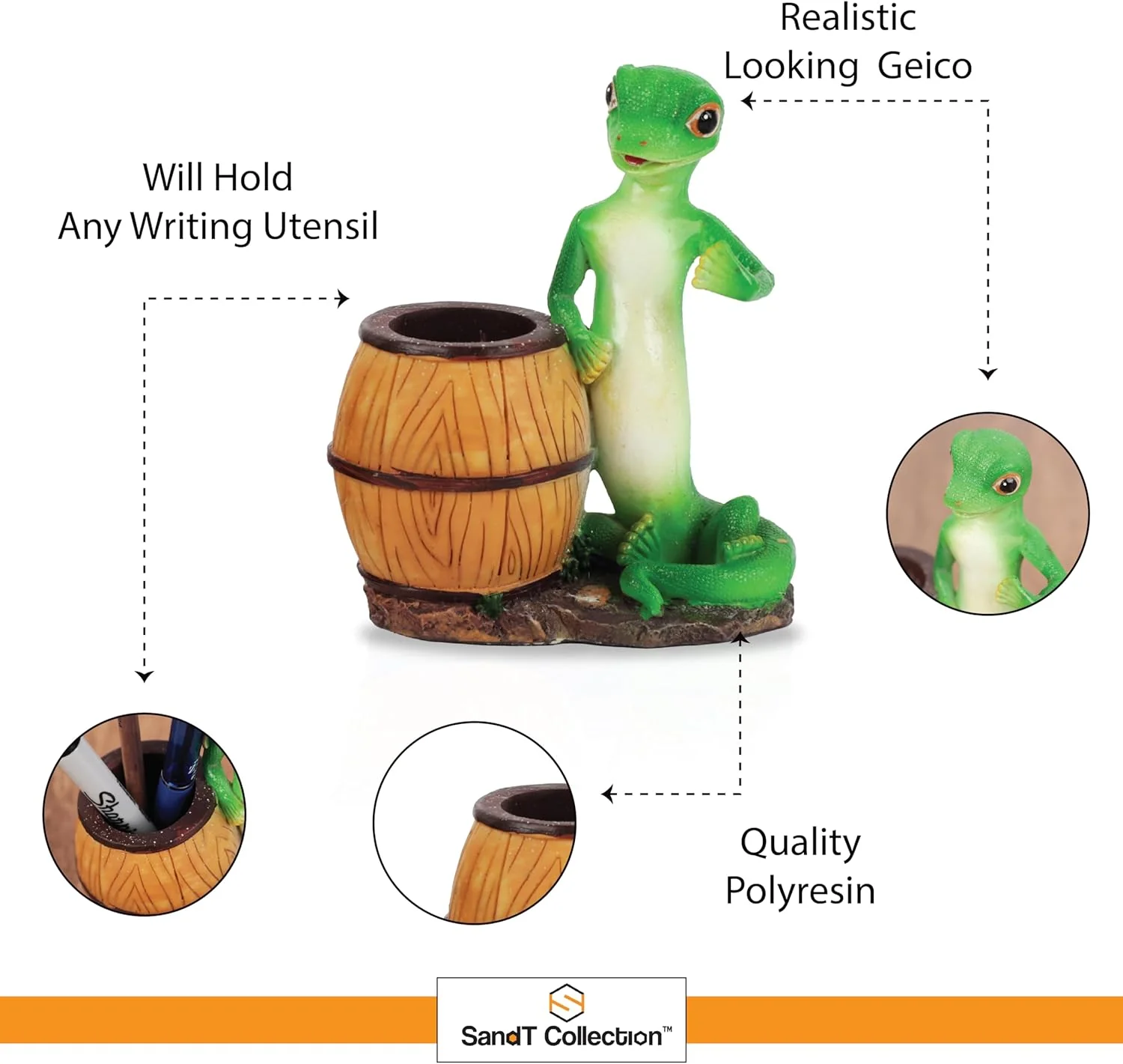 Green Gecko Pencil Holder with Tree Stump or Barrel Storage, Figurine Desktop Accessory (Barrel) - Image 4