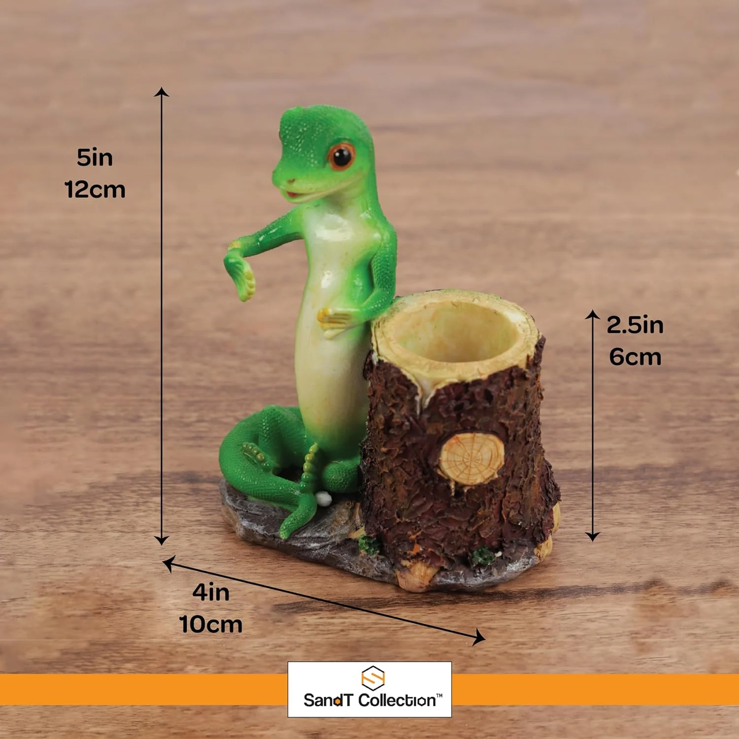 Green Gecko Pencil Holder with Tree Stump or Barrel Storage, Figurine Desktop Accessory (Tree Stump) - Image 5