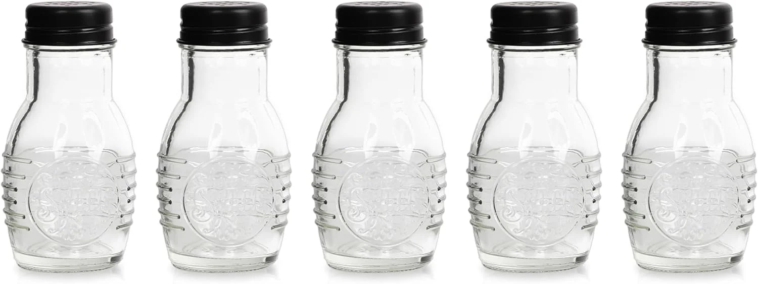 Home Sweet Home Salt and Pepper Shakers, 3 oz Glass Jars, Black Metal Lids, 4" Tall (5)