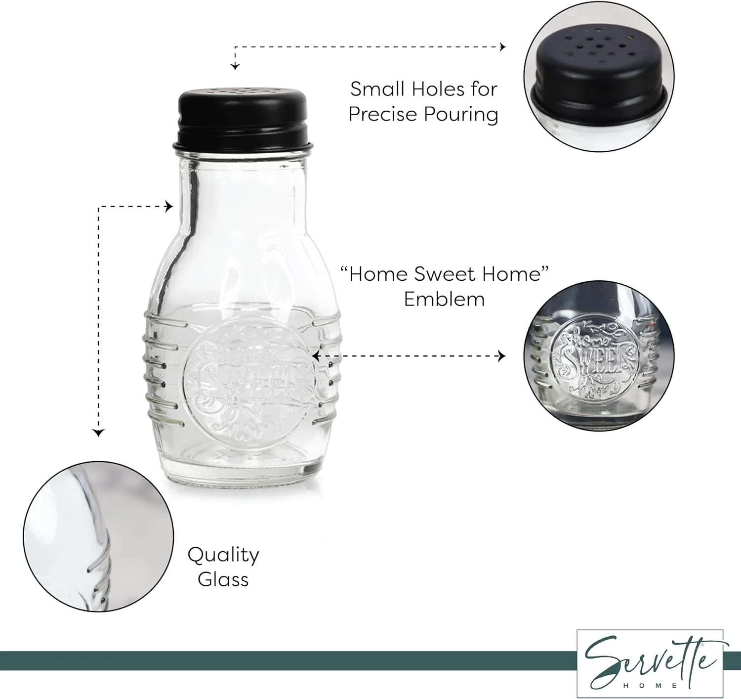 Home Sweet Home Salt and Pepper Shakers, 3 oz Glass Jars, Black Metal Lids, 4" Tall (5) - Image 4