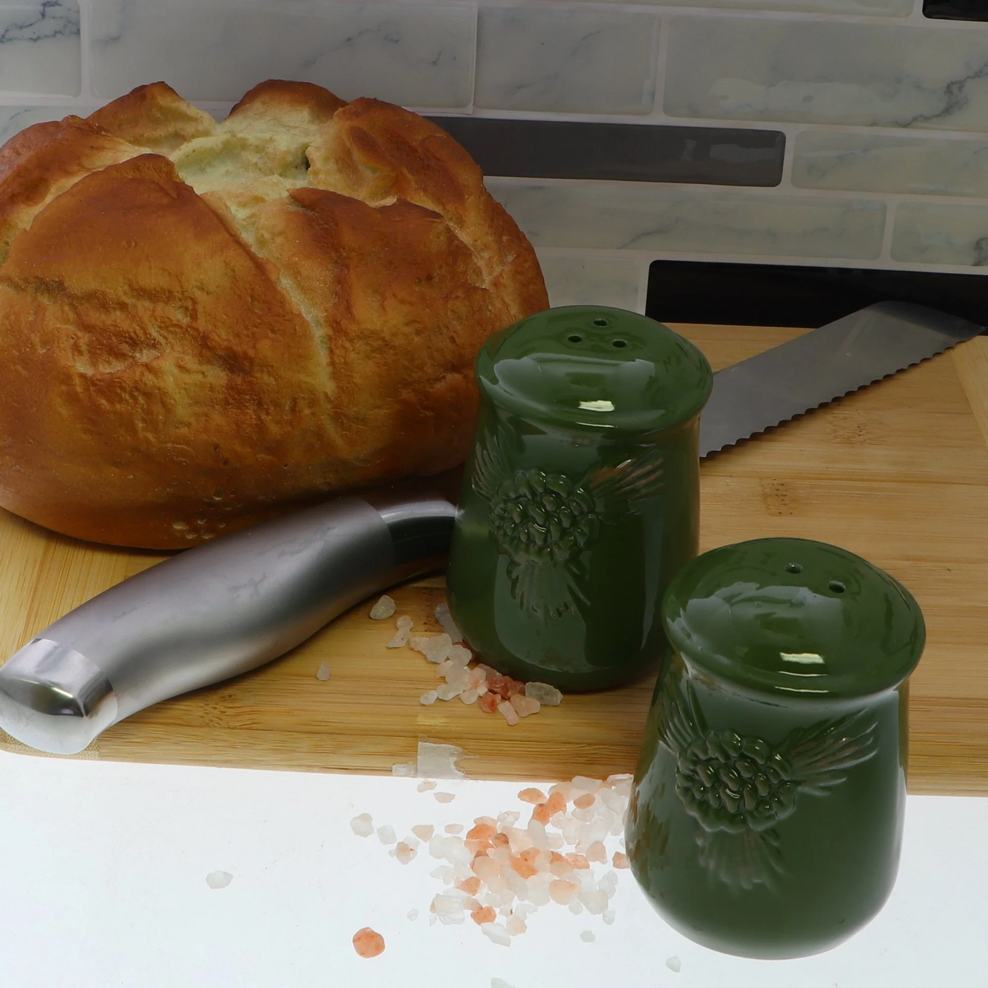 Lodge Style Ceramic Salt & Pepper Shakers with Green Pine Embossed Front - Image 2