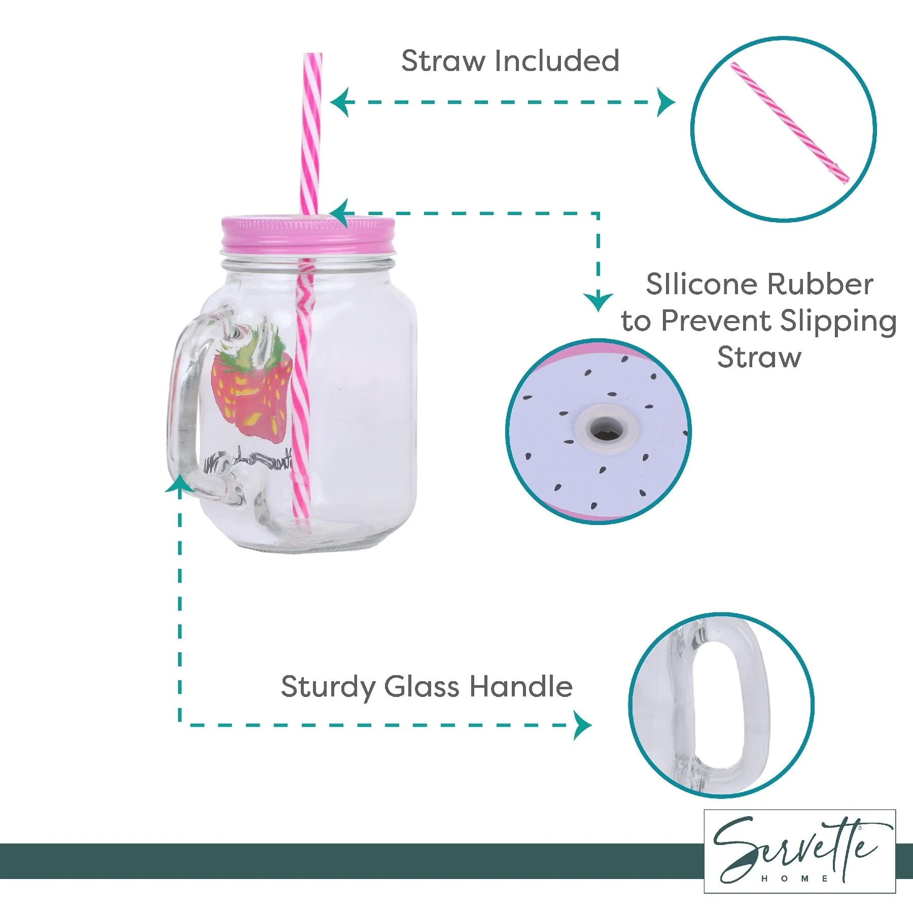 Mason Jar 450ml with Printed Strawberry - Set of 2 - Image 3