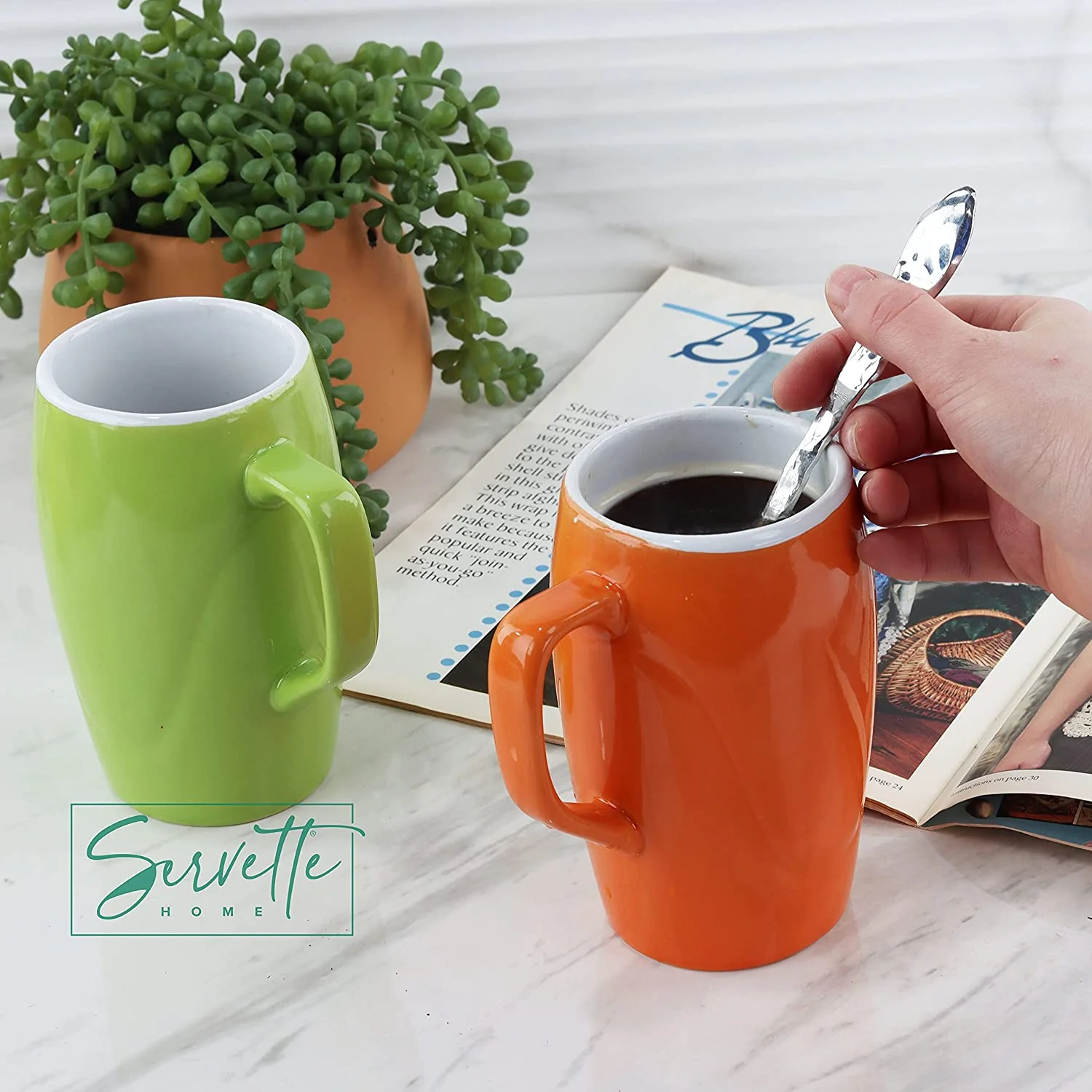 2 Round Coffee Mugs - Orange & Green - Image 2