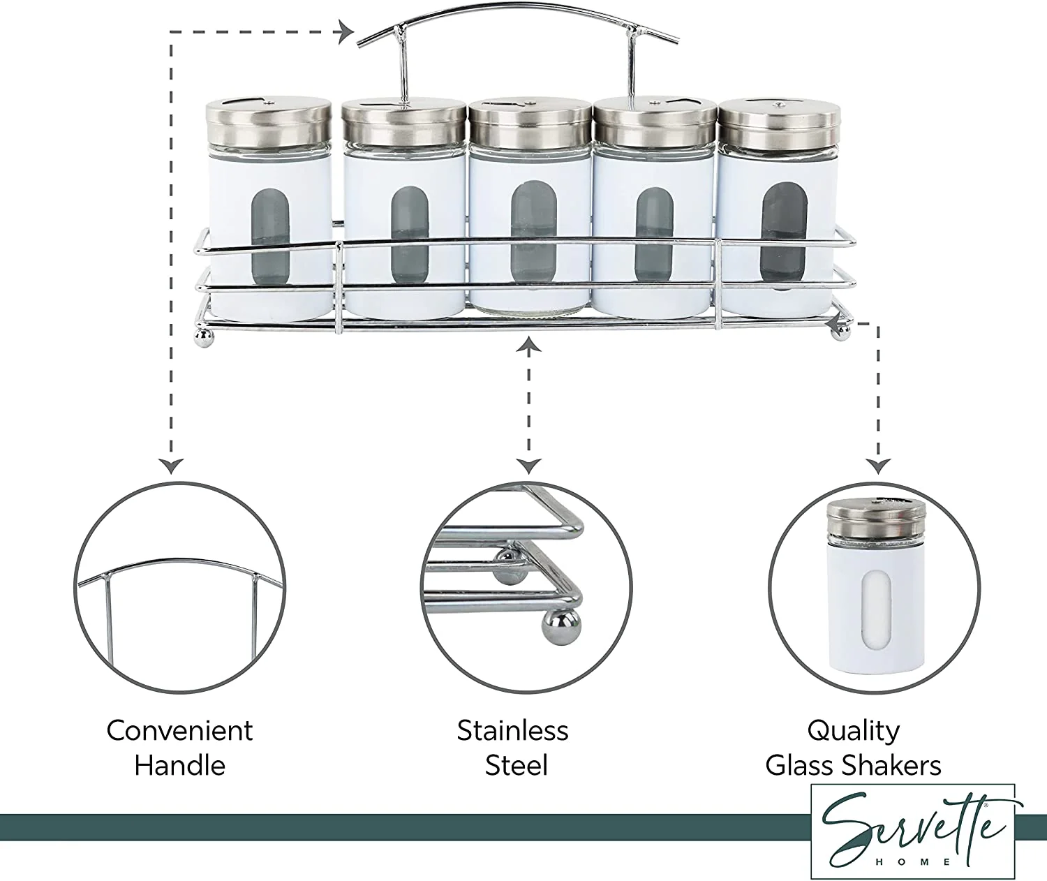 Servette Home Spice Rack with 5 Salt Pepper Shakers Retro Glass Spice Jars - White - Image 3