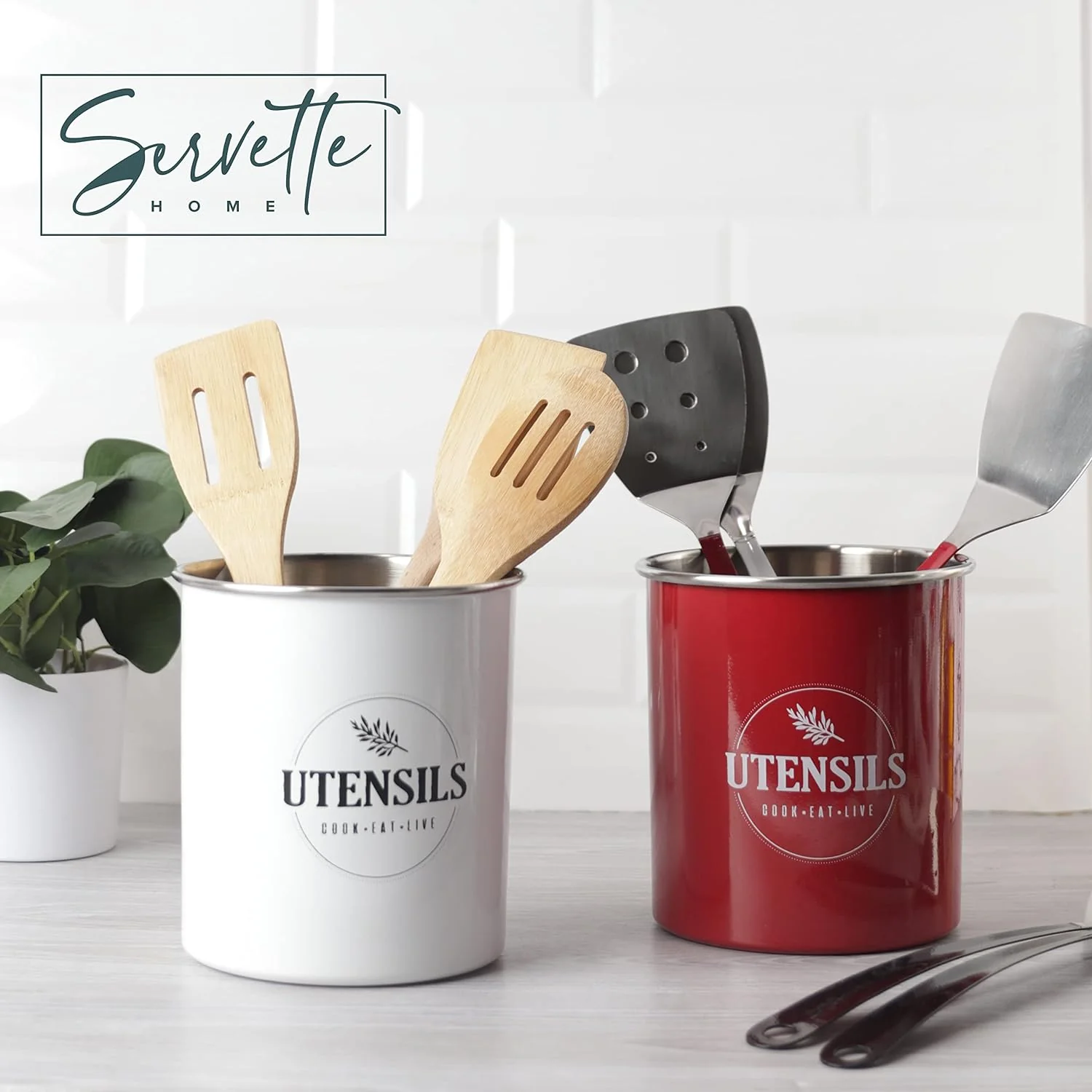 Stainless Utensil Holder Black & Stainless Steel Turner Black & Stainless Steel Slotted Turner Black - Image 3