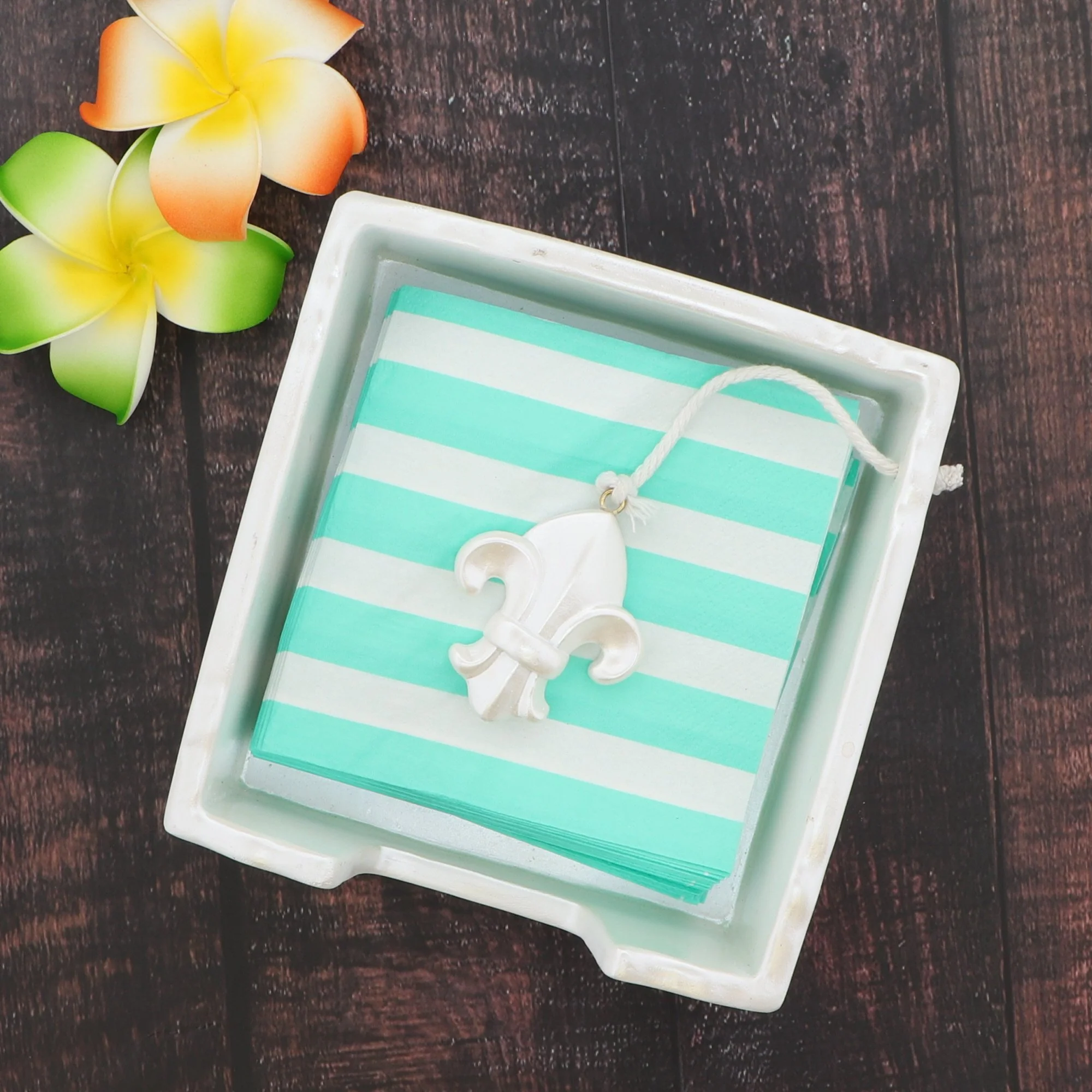 White Cocktail Napkin Holder with Fleur De Lis Roped Weight - Image 2